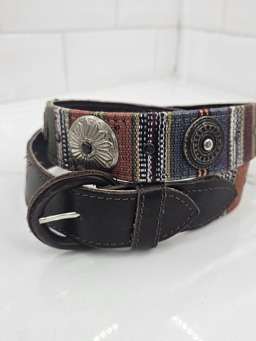 Serape Multicolor Brown Leather Brass Silver Concho Belt Guatemala Women's M/L